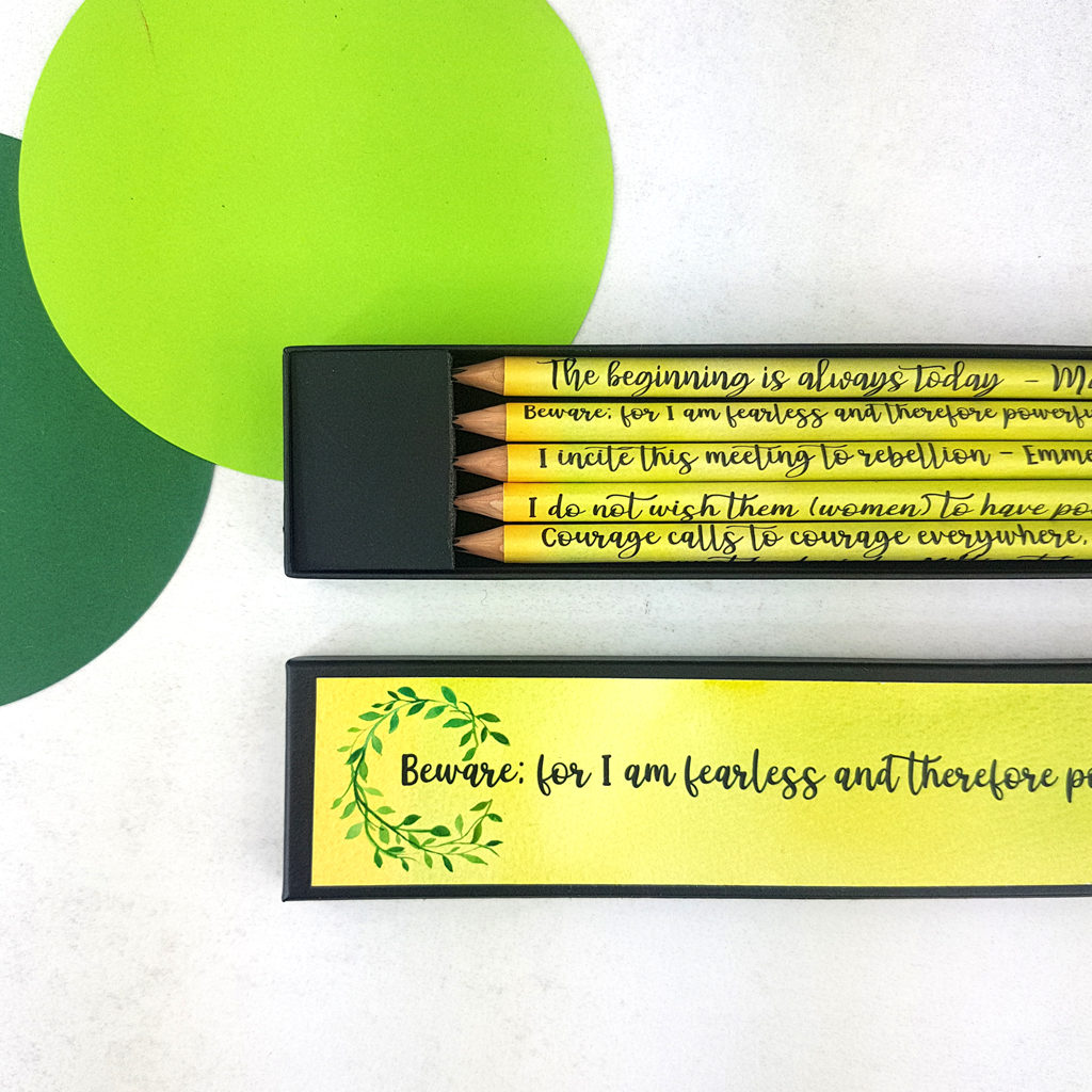 HB pencils with a selection of famous feminist quotes on them